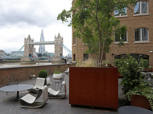 The view from Devon house of the Thames, Tower Bridge, and beyond, the Shard