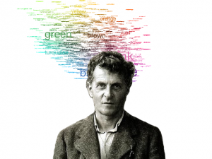 An image of Wittgenstein surrounded by a cloud of colour words